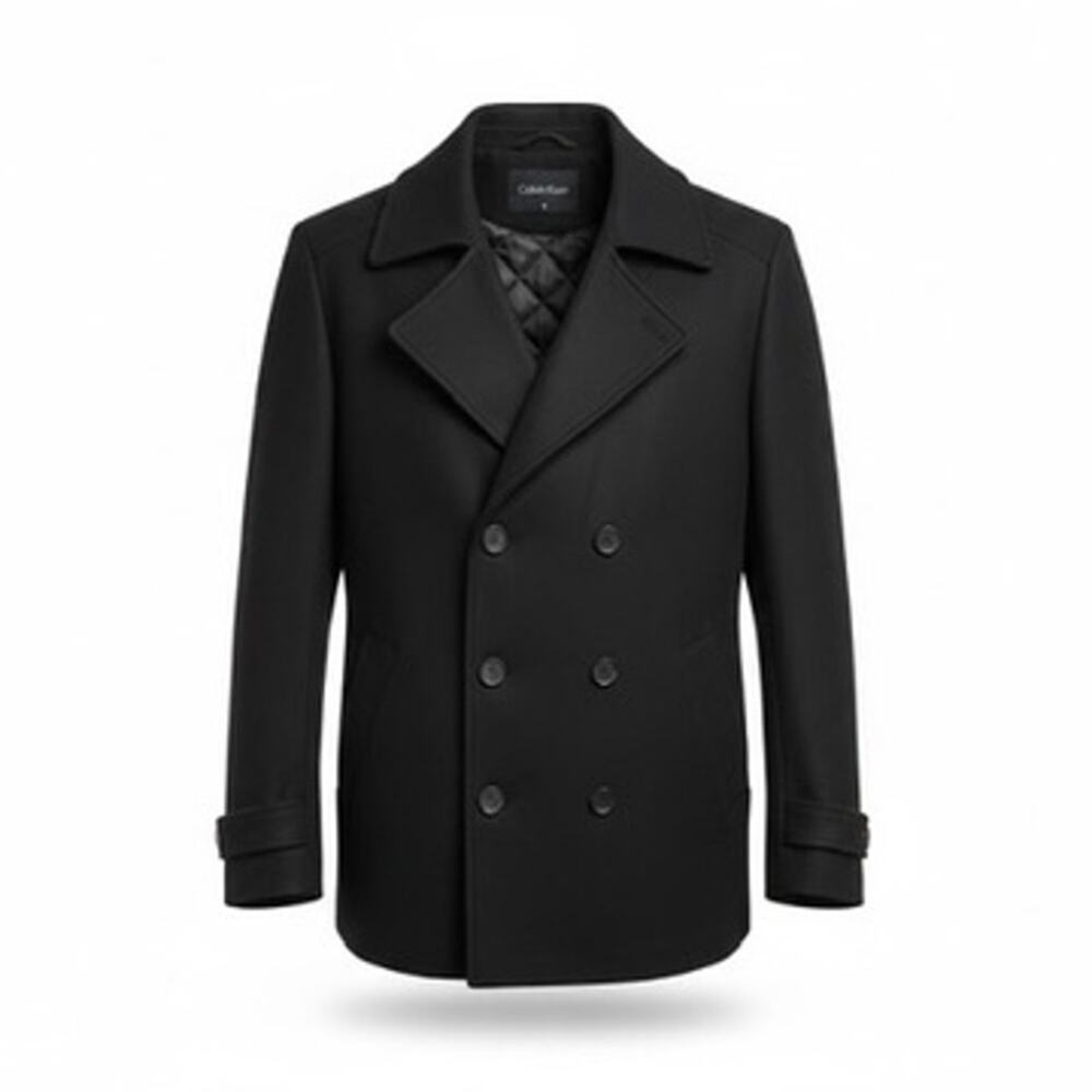 Calvin Klein Men's Black Wool Blend Peacoat Double Breasted Size S